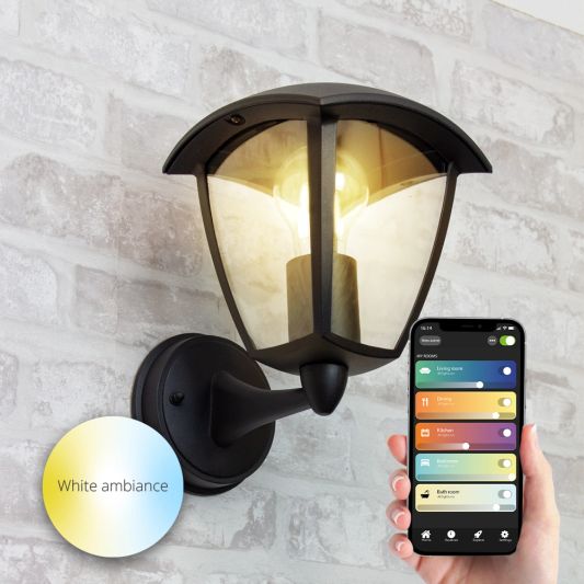 Klassieke zwarte wandlamp voor buiten met E27 Zigbee filament led lamp laag