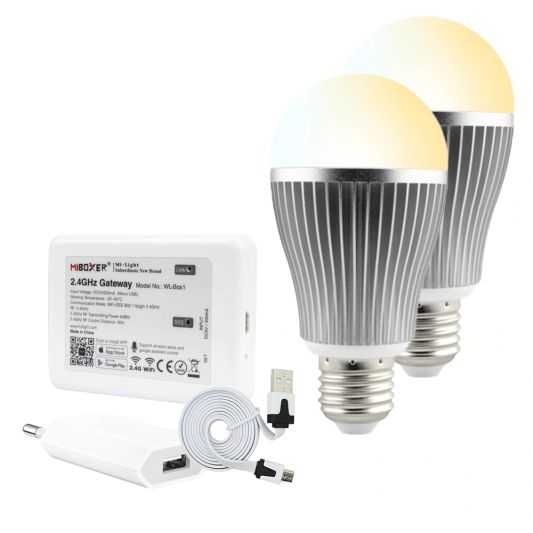 Milight starterspakket 2: 2x E27 Dual White Wifi lamp met Wifi module Ibox2