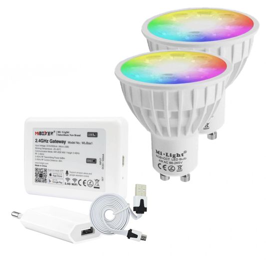 Milight starterspakket 3: 2x GU10 RGBWW Wifi spot met Wifi module Ibox2