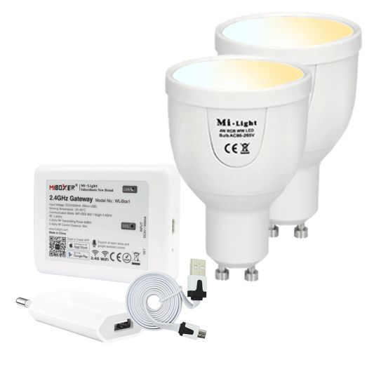 Milight starterspakket 4: 2x GU10 Dual White Wifi spot met Wifi module Ibox2
