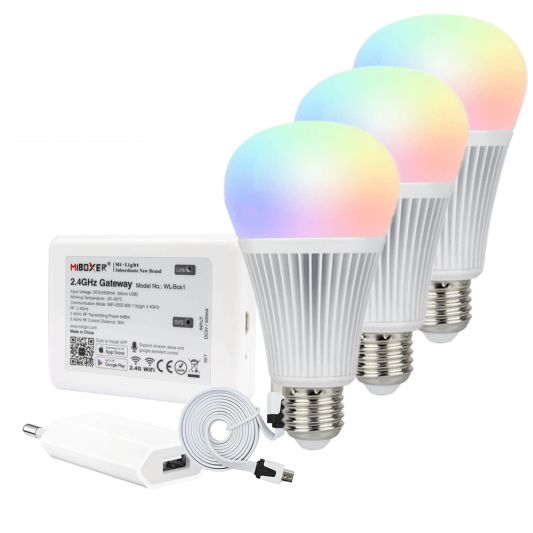 Milight starterspakket 5: 3x E27 RGBW Wifi lamp met Wifi module Ibox2
