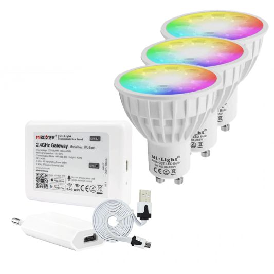 Milight starterspakket 7: 3x GU10 RGBWW Wifi spot met Wifi module Ibox2
