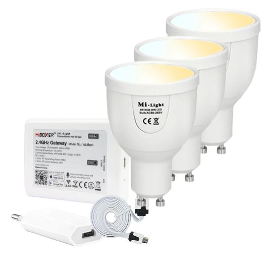 Milight starterspakket 8: 3x GU10 Dual White Wifi spot met Wifi module Ibox2